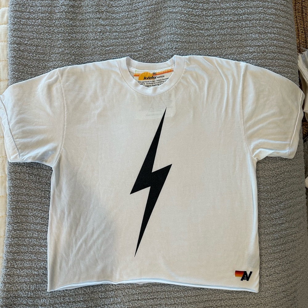 Aviator Nation cropped White Tee with Black Lightning Bolt